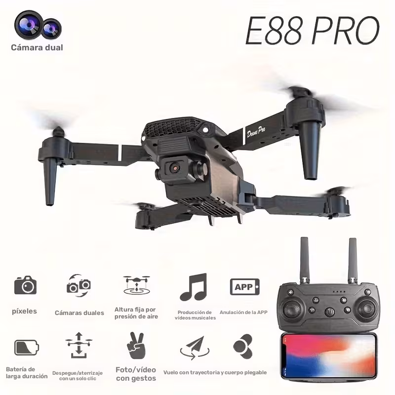Drone E88 PRO con Cámara HD / 4K Potente, estable y fácil de volar l Color Negro