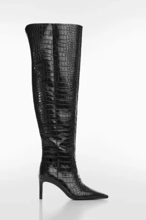 Black Croc-Effect Based Stiletto Boots