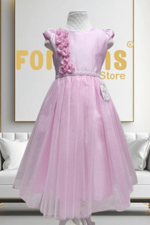 Vestido de fiesta para niña en tono rosa pastel con delicadas flores 3D
