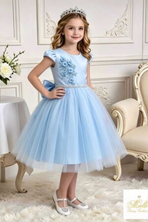 Vestido de Fiesta Infantil Celeste Cielo con Maxi Lazo y Forro 100% Algodón Hipoalergénico